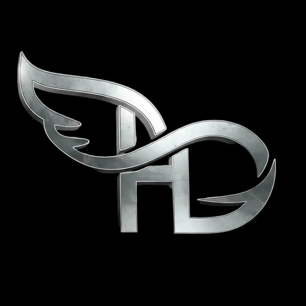 Metallic logo with wings and letter 'H' on a dark background